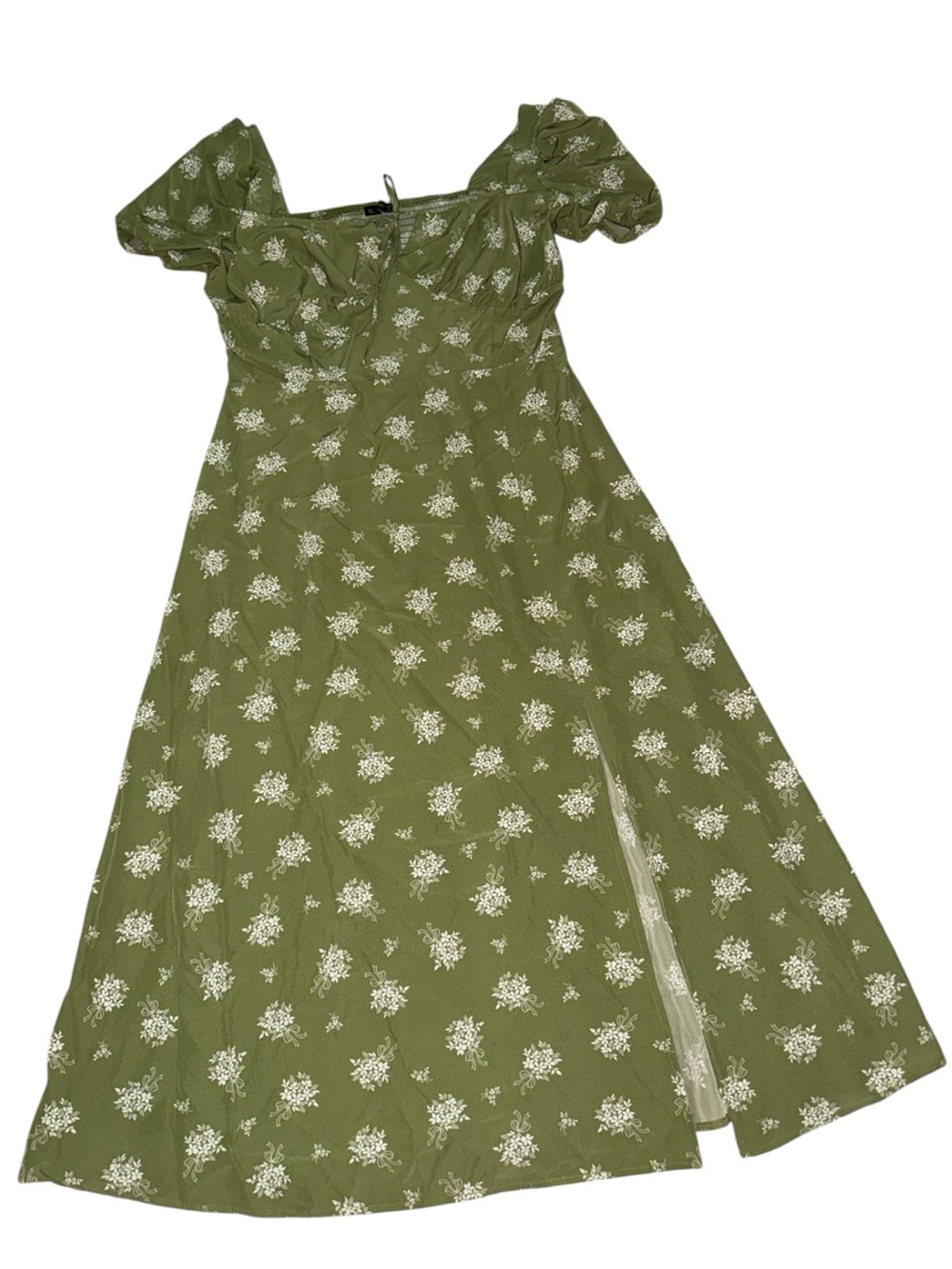 Women’s Olive Green Floral Puff-Sleeve Dress
